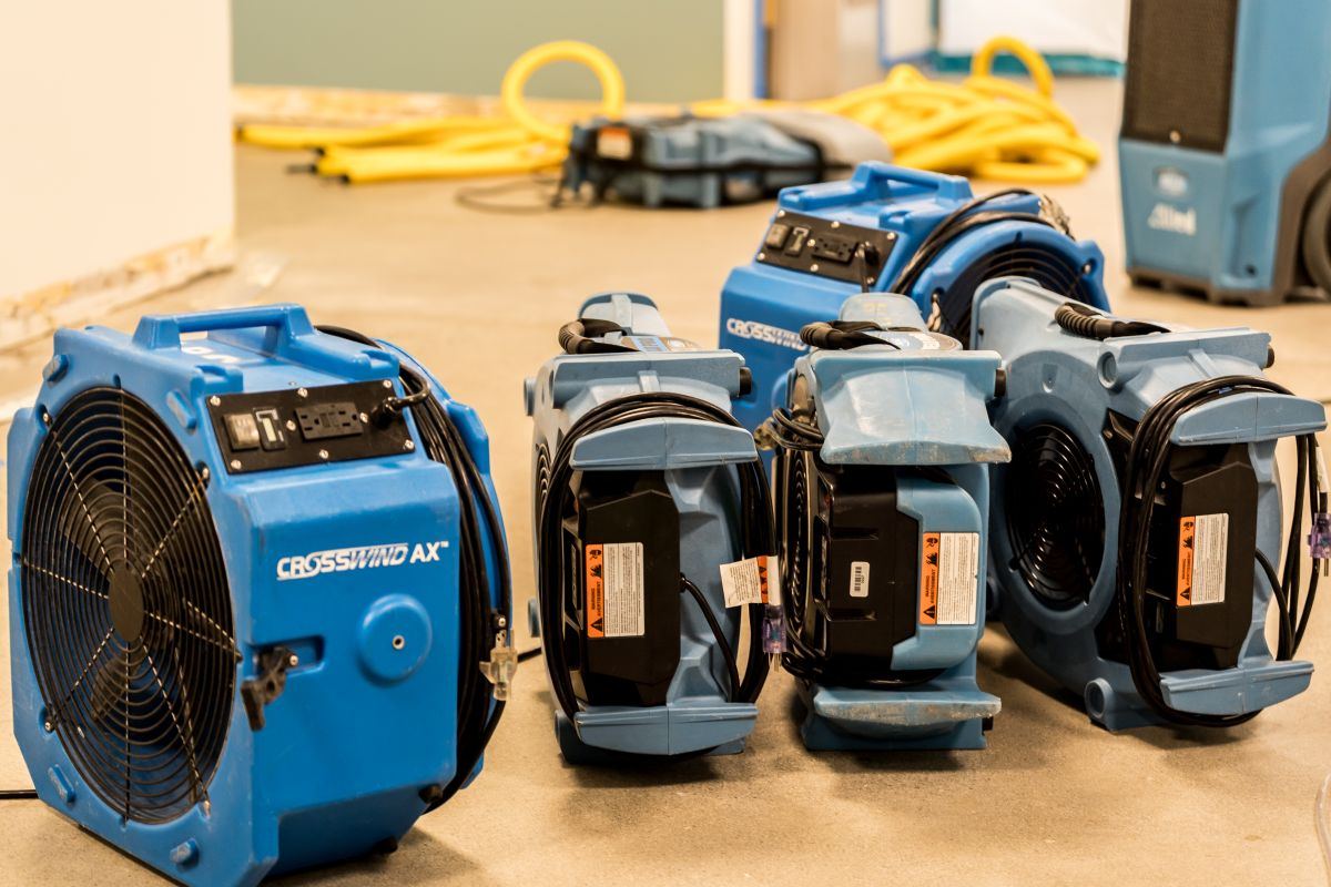 Crosswind air movers for water damage drying — Allied Restoration