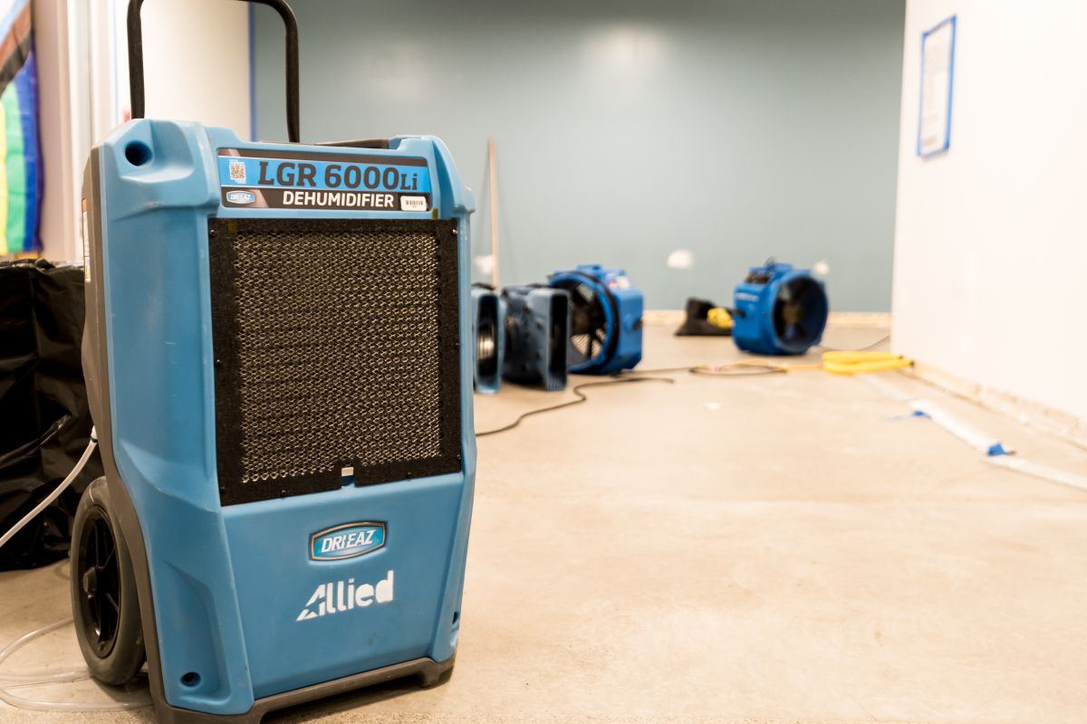 Commercial LGR dehumidifier — structural drying in progress